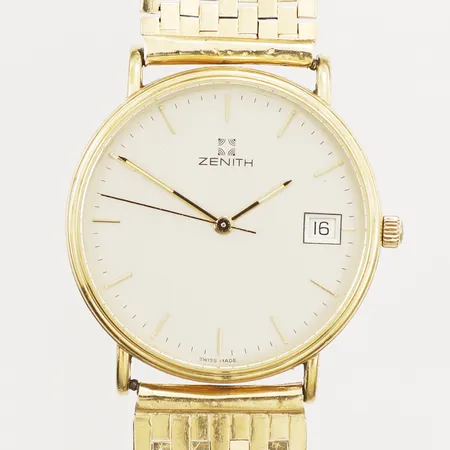Herrur Zenith guld quartz 30 0090 226 Ø32mm armband i 18K ca 20cm inklusive boetten repig bucklig gravyr 18K bruttovikt 59,0g