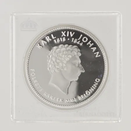 Minnesmynt Konungaätten Bernadotte Karl XIV Johan 1818-1844, "Folkets kärlek min belöning", etui, 925/1000 Silver 25,5g.