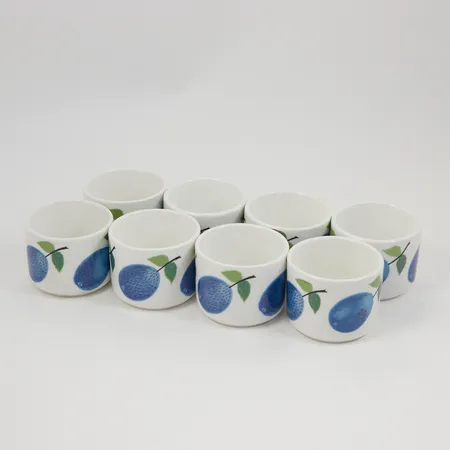 8 Äggkoppar modell Prunus av Stig Lindberg höjd 3cm, två märkta 555, Gustavsberg, porslin