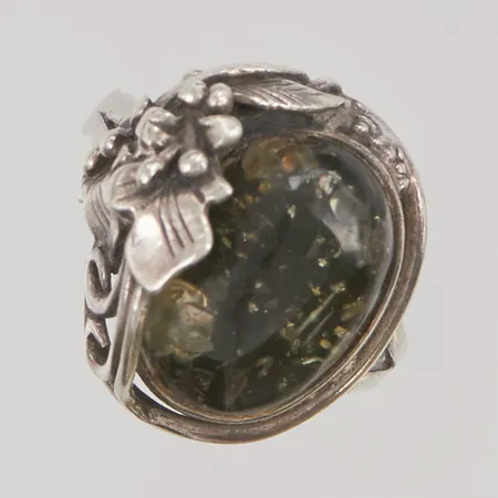 Ring grön bärnsten stl:19 bredd:19mm 925/1000 Silver 6,1g.