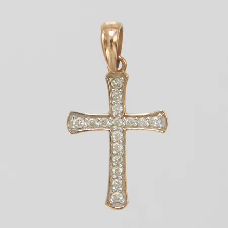 Hänge Kors med briljantslipade diamanter 16 x ca 0,005ct längd 2cm inkl ögla, bredd 2-11mm, 14K Vikt: 0,6 g