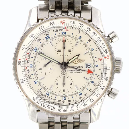 Herrur Breitling Navitimer World GMT, kronograf, stål, automatisk, Ø46mm,  referensnummer A24322, serienummer 757174, med pilotlänk 21cm, repor, inga tillbehör, med box, manual, garantikort från Huke Malmö år 2005, fläckig ytterkartong.