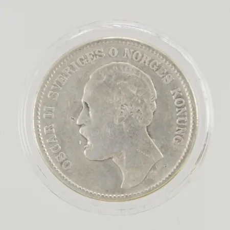 Mynt, 2 kr Oscar II Brödrafolkens Väl, 800/1000 Silver 14,4g.