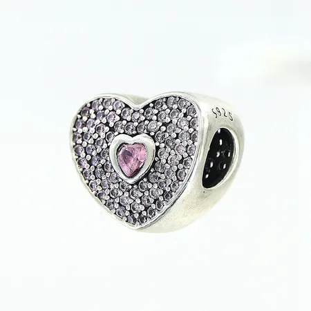 Berlock Pandora 10x10mm, hjärta med rosa stenar, silver 925/1000. Vikt: 2,4 g