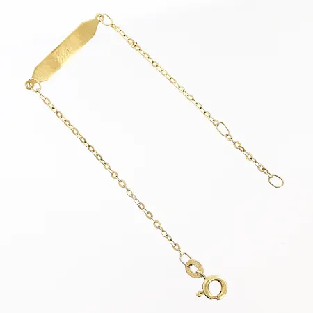 Barnarmband med platta längd 15,5cm, bredd 1,5-4,5mm, gravyr, platta skevheter, 18K  Vikt: 1,5 g
