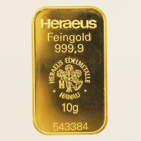 Guldtacka Heraeus Serienr:543384 10g Feingold 999,9 repig, bruten förpackning 24K 