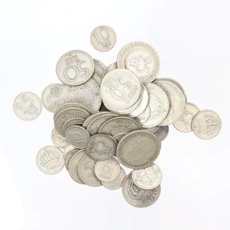 Diverse svenska silvermynt 10 öre, 25-öre, 50-öre samt 1-kronor Gustav V- Gustav VI Adolf silver 400/1000 Vikt: 222,4 g