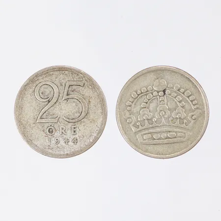 2 Silvermynt "25 öre", 1944-1957, Sverige, 400/1000 silver Vikt: 4,6 g