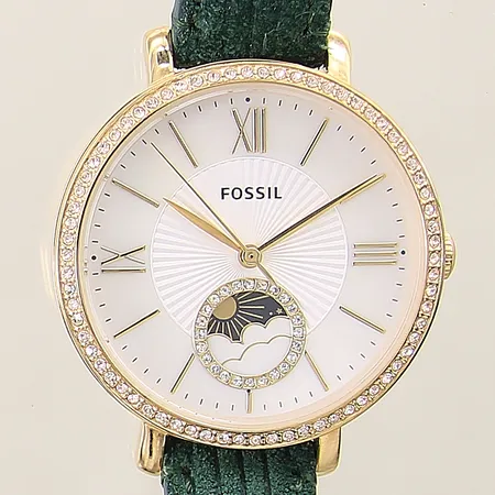 Damur Fossil Jacqueline stål/doublé quartz Ø36mm ref-nr: ES5244 serie-nr: 252209 ring samt urtavla med vita stenar behov av batteribyte läderband original inga övriga tillbehör 