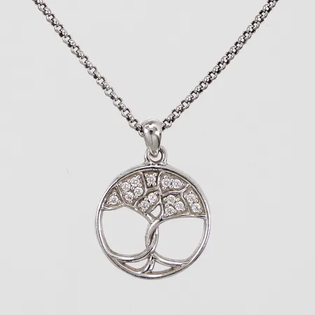 Kedja längd ca 42-50cm, bredd ca 1mm, hänge med vita stenar(ej avtagbar), Ø 16mm, GHA 925/1000 silver  Vikt: 5,7 g