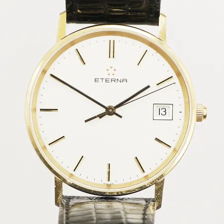 Herrur Eterna 18K guld quartz, Ø33mm, datum, läderband, går ej personlig gravyr  Vikt: 0 g