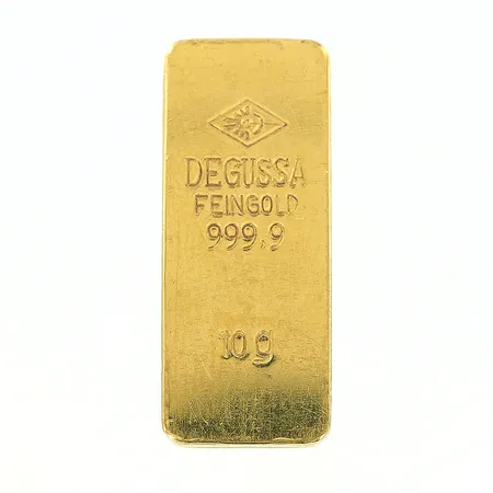 Guldtacka Degussa Feingold 999,9 10g, längd 22m, bredd 9,2mm, tunna repor, 24K 