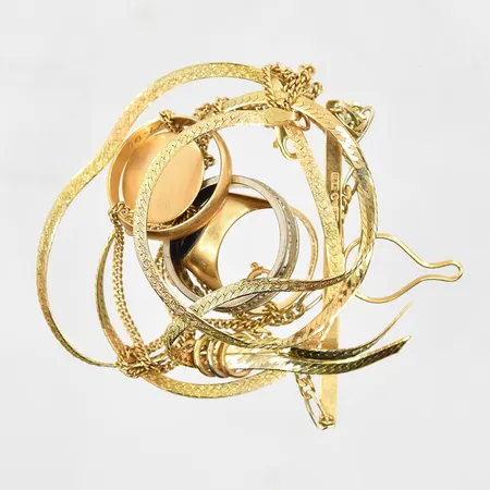 Diverse defekt guld med stenar, 18K. Vikt: 36,6 g