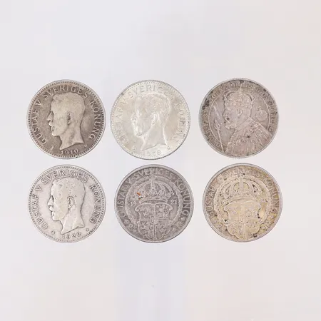 6 Silvermynt "2 kronor", 1897-1938, Sverige, 800/1000 silver Vikt: 89,7 g