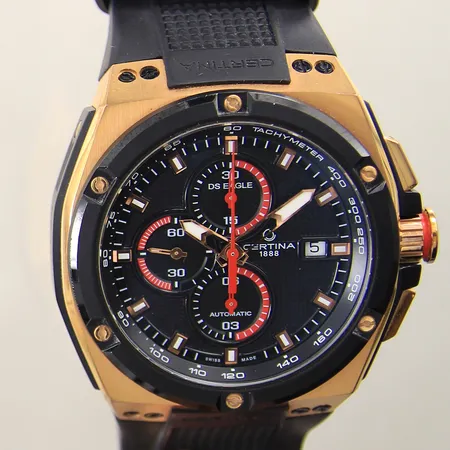 Herrur Certina DS Eagle stål automatisk ref-nr:C023727A serie-nr:EA7E2XMUS Ø46mm, datum, safirglas, glasbaksida, gummiband, kronograf fungerar ej, manual, box, ytterkartong, certifikat från 2019