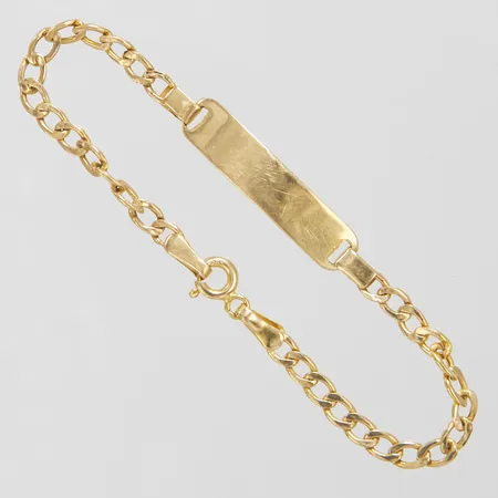 Armband med bricka längd 14cm, bredd 3-5,5mm, repig bricka, defekt lås, 14K Vikt: 2 g