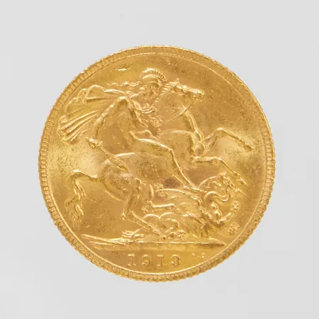 Mynt 1 Sovereign Kung George V samt St George år 1913, Ø22mm, tjocklek 1,5mm, märken, nagg, 22K Vikt: 8 g