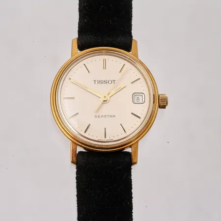 Damur Tissot Seastar i 18K guld, quarz, Ø22mm, datum, gravyr, för nit och redighet i tjänst, läderband, i behov av batteribyte box och instruktionsbok medföljer.