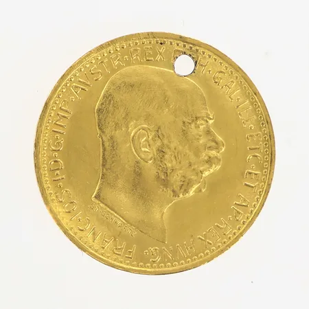 Mynt 10 Corona Francis Joseph I, Ø19,1mm, Österrike Ungern, 1912, borrhål, 21,6K Vikt: 3,3 g