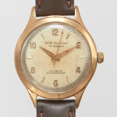 Herrur G.O.W Diplomat 17 jewels doublé manuel Ø34mm, läderband, missfärgningar på urtavla, inga tillbehör 