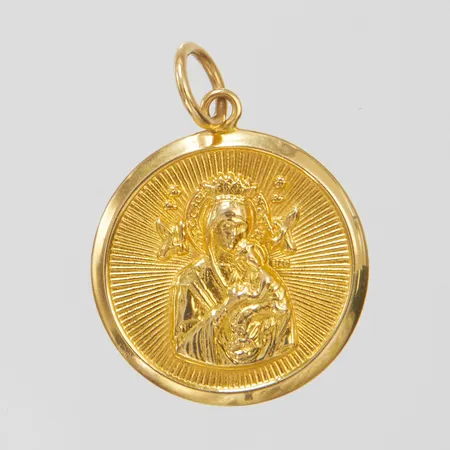 Hänge Madonna med Jesusbarnet på ena sidan samt Jesusbarnet som kung på andra sidan, längd 2,5cm, Ø18mm, 18K Vikt: 2,2 g