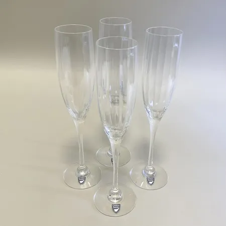4 Champagneglas Orrefors, Optica Symphony,  Gunnar Cyrén, höjd ca 24cm, Ø45mm, etikettmärkt, kartong, skadad kartong. 