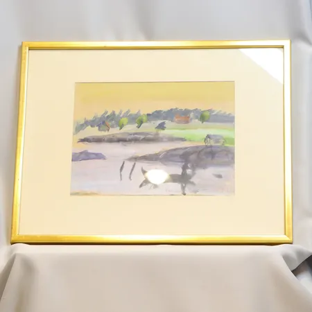 Tavla David Larsson (1898-1976) Akvarell på papper signerad och daterad "Persbo Pingstafton 1943" sjömotiv, med guldfärgad träram Skickas med postpaket.