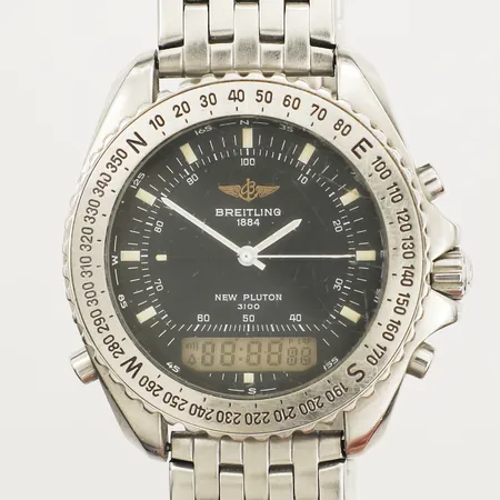 Herrur Breitling New Pluton 3100, quartz analog/digital, stål, Ø44mm ref:A51038, serienr:4611, stållänk ej original, repigt glas, inga tillbehör