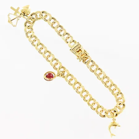 Armband Bismarck med 3 berlocker Guldfynd, längd 18,5cm, bredd 6mm, 18K  Vikt: 14 g