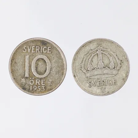 2 Silvermynt "10 Öre", 1945-1953, Sverige, 400/1000 silver Vikt: 2,8 g