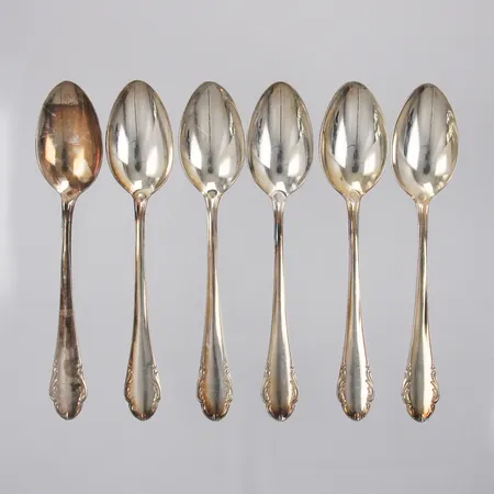 6 Kaffeskedar Skandia modell Haga 1949, längd ca 12,5cm, silver Vikt: 89,4 g