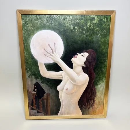 Tavla Tage Åsén -74 " Riten", olja på duk, motiv av naken kvinna, bildmått 53,5x41cm, rammått 58x45cm. Skickas med postpaket.