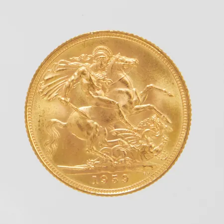 Mynt 1 Sovereign Drottning Elizabeth ll samt St George 1959 Ø22mm, tjocklek 1,5mm, små nagg, 22K Vikt: 8 g