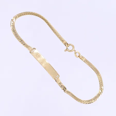 Armband med namnbricka (ograverad) längd 19cm buckligt/ojämn länk 14K Vikt: 3,6 g