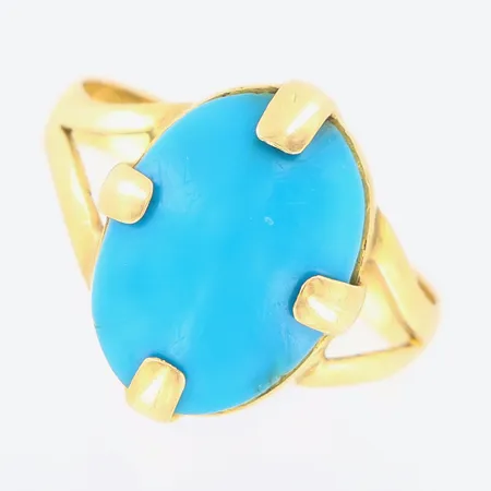 Ring turkos stl:18¼ bredd 3-15mm skev skena 18K. Bruttovikt: 4,3gram. Vikt: 4,3 g