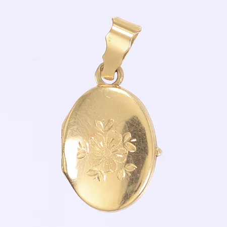 Hänge i form av medaljong med plats för foto graverad dekor av blomma höjd 30mm repor 18K bruttovikt inkl två små glasskivor 4,3g Vikt: 4,3 g