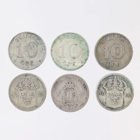 6 Silvermynt "10 Öre, 1902-1938, Sverige, 400/1000 silver Vikt: 8,4 g