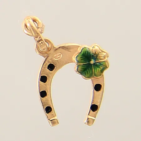 Hänge/Berlock hästsko med detalj i emalj 17x11mm, något bucklig ögla, 18K  Vikt: 0,7 g