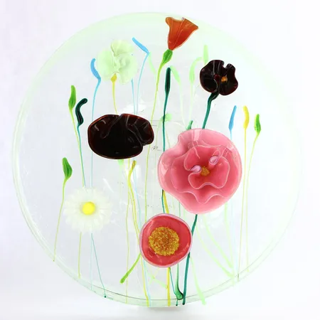 Fat av Ulla Forsell med blomdekor Ø28cm, glasunikat, signerat Ulla Forsell -04 Skickas med postpaket.