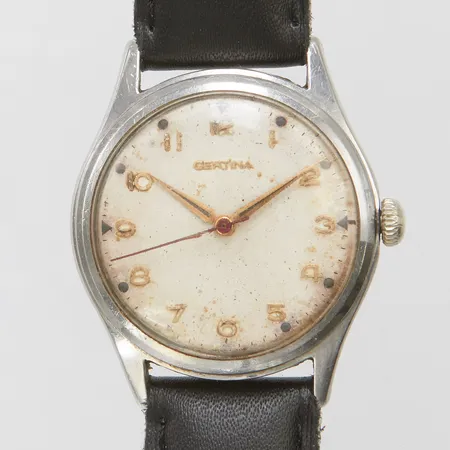 Armbandsur Certina stål manuell Ø33mm, boettnr 3068206, refnr 81201, läderband ej original, missfärgningar på urtavla, mindre nagg på horn, inga tillbehör