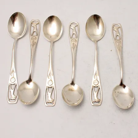 6st skedar, 10,5cm, modell Jämtskogen, silver 830/1000, Schalin Bror Guld Ab, 60,81g.