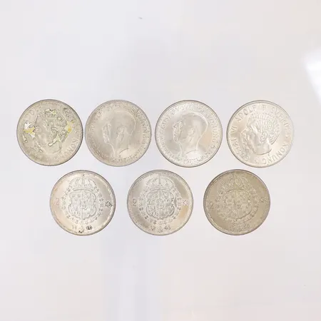 7 Silvermynt "2 kronor", 1946-1954, Sverige, 400/1000 silver Vikt: 97,8 g