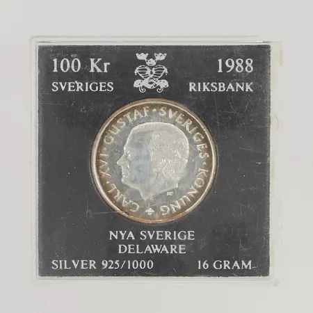 Minnesmynt Nya Sverige Delaware, 1988, nominellt värde:100kr, etui 925/1000 Silver 16,0g.