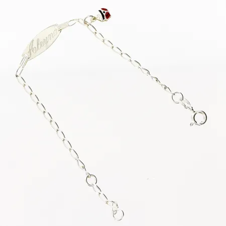 Barnarmband med platta längd 16,3cm bredd 2-6mm, berlock med emalj, gravyr silver 925/1000. Vikt: 2,3 g