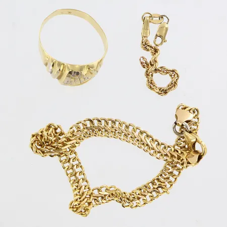 1 ring, 1 armband, 1 bit kedja, defekter, 1 ögla i metall, 14K. Bruttovikt: Vikt: 7,3 g