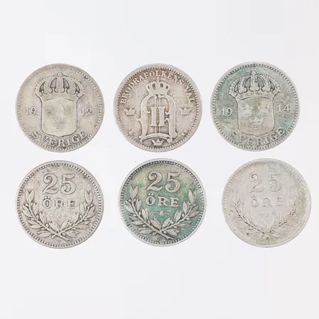 6 Silvermynt "25 öre", 1905-1936, Sverige, 600/1000 silver Vikt: 14,1 g