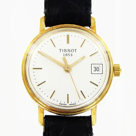 Damur Tissot 18K quartz Ø22mm, datum, sekundvisare, original läderband 21cm, gravyr, i behov av batteribyte, box, ytterkartong.