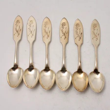  6st skedar, 10,5cm, modell Brunkulla, silver 830/1000, Mema, graverad: N, 54,93g.
