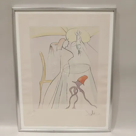 Tavla, litografi Urashima Taro, ur serien "Japanese Fairy Tales" Salvador Dalí, signerad, 133/175, bildmått 50x66cm, repor på ramen. Specialfrakt, kontakta pantbankskontoret för mer information.