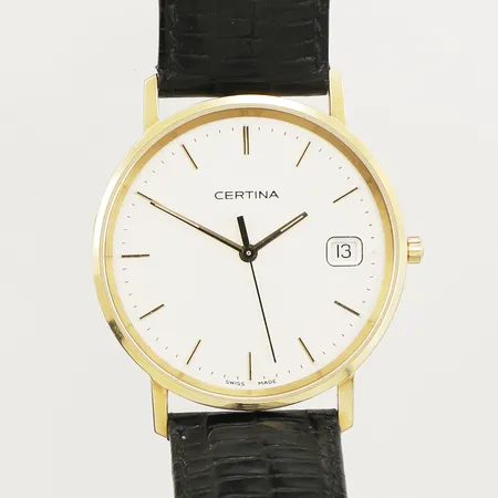 Herrur Certina, 18K, quartz, Ø33,5mm, datum, ref-nr: 158.9289.68, safirglas, läderarmband, går ej, personlig gravyr 
